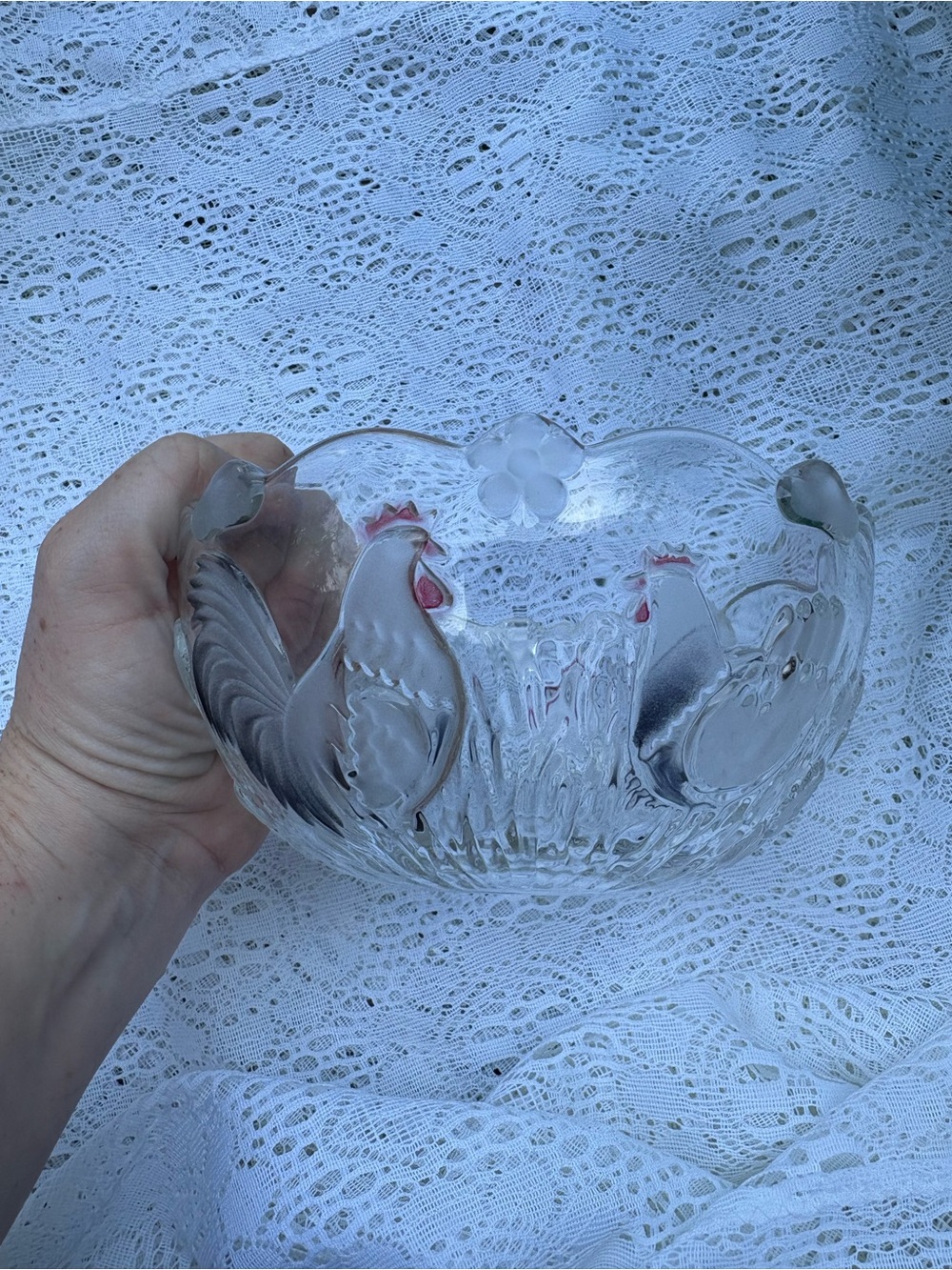 Vintage Frosted Glass Rooster Hen Serving Bowl Farmhouse Kitchen Cottage Decor